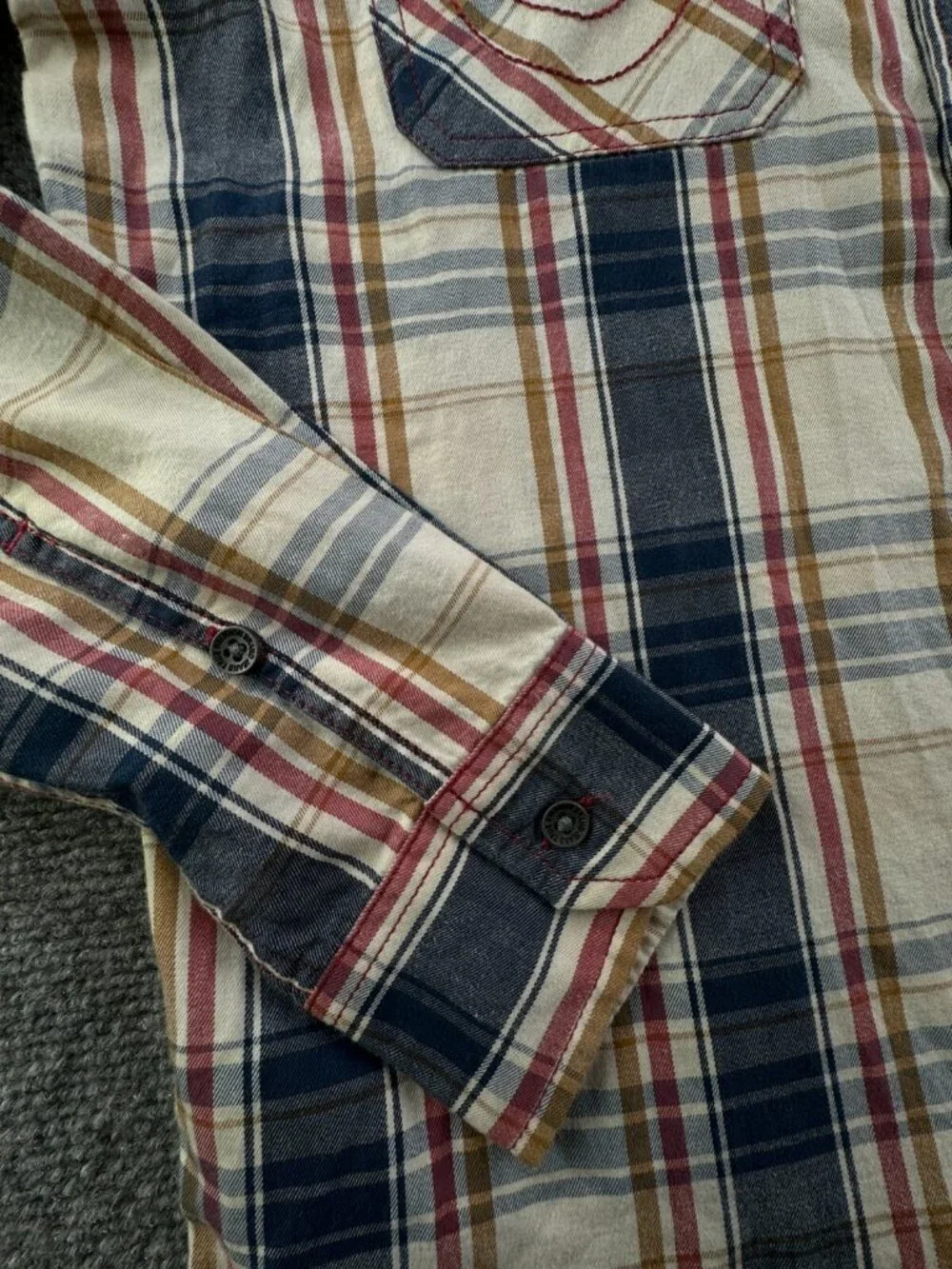 True Religion Long Sleeve Plaid Button Up Shirt Men Small Pockets Cotton Tall